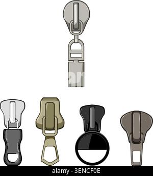 Die Kollektion der Reißverschlussabzieher zeigt verschiedene Metall- und Kunststoffdesigns für Kleidung, Taschen und Accessoires funktionale und dekorative Schieberteile in vecto Stock Vektor