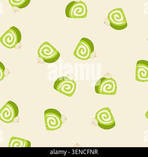 Muster Matcha gewürzte schweizer Rollenscheibe mit cremeweißer Füllung und Schlagsahne auf der Oberseite, nahtlos auf weißem, grünem Tee Dessert Gebäck Illustration Stock Vektor