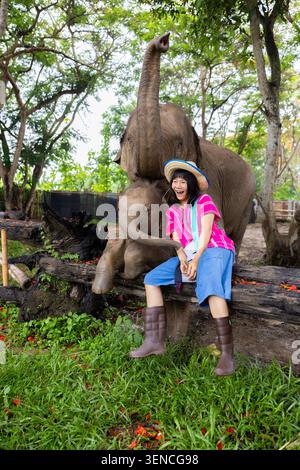Elefantenfrau Wald Tierreise Natur Hut Stiefel Lächeln Trunk fröhlicher Reisender sitzt neben Elefanten im grünen Waldschutzgebiet Stockfoto