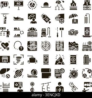 Sammlung von Glyphen, die ein breites Spektrum von Themen illustrieren, darunter Wirtschaft, Medizin, Natur, Industrie und Alltagsgegenstände, ein vielseitiges VI Stock Vektor