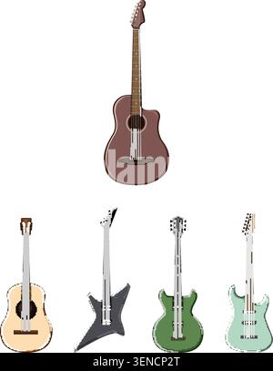 Verschiedene Arten von Streichinstrumenten, darunter akustische, klassische, elektrische und Heavy Metal Gitarren, schaffen eine vielfältige Sammlung für Musikgenres Stock Vektor