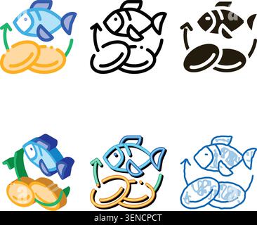 Fisch Nährstoffe Ergänzungen Symbol Vektor Variationen dünne Linie. Kontur Stock Vektor