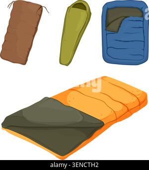 Schlafsäcke in verschiedenen Designs und Farben veranschaulichen die unverzichtbare Ausrüstung für Wanderer, Camper und Outdoor-Enthusiasten, die Komfort und Wärme suchen Stock Vektor