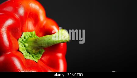 Makrodetail eines frischen roten Paprika mit Textur und leuchtendem grünem Stiel, Kopierraum Stockfoto