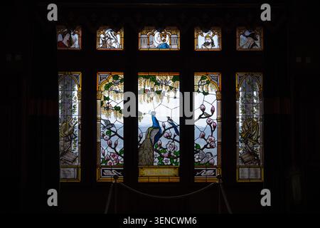 Königswinter, Deutschland - 22. Februar 25: Buntglasfenster mit Pfau- und Vogelmotiven im Schloss Drachenburg in Königswinter, Deutschland. Stockfoto