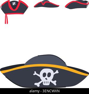 Piratenhut-Designs mit verschiedenen Ansichten eines klassischen schwarzen und roten Dreikorns und Zweikorns, komplett mit dem unverwechselbaren Totenkopf- und Kreuzknochenemblem i Stock Vektor