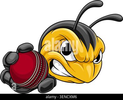 Eine Bienen-, Hornissen- oder Wespen-Insekten-Cricket-Sportmannschaft, die einen Ball hält. Stock Vektor