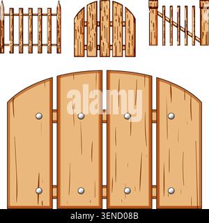 Holzzäune und -Tore, die verschiedene Stile zeigen, von traditionellen Pfostendesigns bis hin zu soliden Trennwänden, bieten Schutz und definierende Stütze Stock Vektor