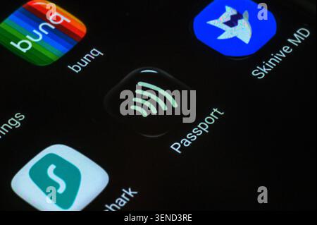 Iserlohn, Deutschland - 04. Juni 2026: Digitales Display mit Bunq, Skinive MD, NFC Passport und anderen Anwendungssymbolen. Stockfoto