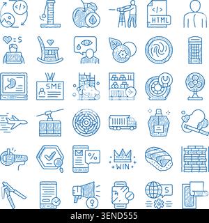 Sammlung von verschiedenen handgezeichneten Doodle-Ikonen, die verschiedene Konzepte darstellen, einschließlich Technologie, Handel, Natur, Gesundheit und Alltagsgegenstände in einem Stock Vektor