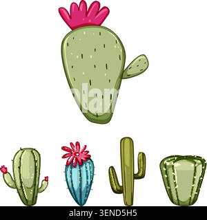 Verschiedene Kaktuspflanzen im Cartoon-Stil in verschiedenen Formen und Größen, darunter mehrere mit leuchtenden rosa und grünen Blüten, die ein c Stock Vektor