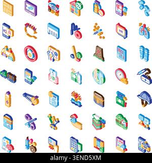 Isometrische Sammlung flacher Symbole, die Unternehmen, Finanzen, Technologie, Umwelt, Medizin, rechtliche und Startup-Konzepte für Infografiken, digital Stock Vektor