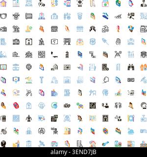 Große Auswahl an farbenfrohen und monochromen Glyphen-Symbolen, die eine breite Palette von Themen abdecken: Wirtschaft, Finanzen, Gesundheitswesen, Lifestyle, Sicherheit, und Digital te Stock Vektor