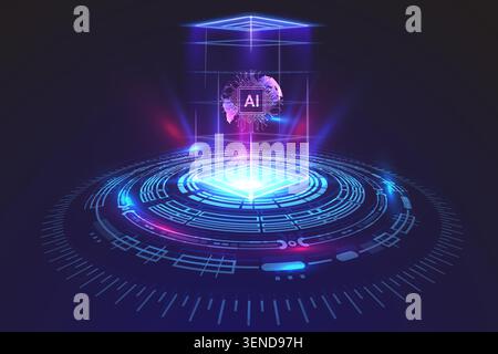 Fortschrittliches Konzept der künstlichen Intelligenz mit einem leuchtenden KI-Prozessor-Hologramm, das über einer futuristischen digitalen Plattform mit Neonblau schwebt Stock Vektor