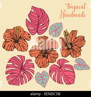 Modernes farbenfrohes tropisches Muster mit Blumen und Blättern. Handgezeichneter einzigartiger Druck für Geschenkpapier, Stoffdruck, Tapeten. Stockfoto