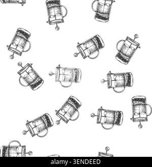 Nahtloses Muster französisch Presse Hand gezeichneter Vektor. Kaffeekaffee machen, Glasmacher, heiße Tasse französisch Presse Skizze Illustration Stock Vektor