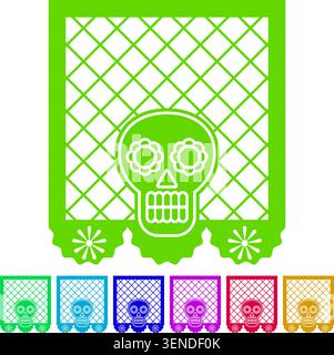 Dekoratives traditionelles papelfarbenes Picado-Banner mit einem lebendigen goldenen Zuckerschädel - Calavera - Design, das den Tag der Toten und mex symbolisiert Stock Vektor