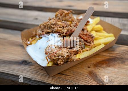 Street Food, Pulled Schweinefleisch mit Pommes frites und Sauerrahm serviert in einer Papierschale auf rustikalen Holzplanken, ausgewählte Fokussierung, enge Schärfentiefe Stockfoto