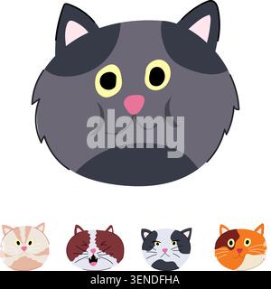 Eine Gruppe verspielter Katzenköpfe, die verschiedene Emotionen ausdrücken, darunter Glück, Traurigkeit und Überraschung, in einer einfachen, skurrilen Zeichentrickillustration Stock Vektor