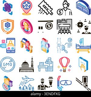 Set aus verschiedenen isometrischen Symbolen und Liniensymbolen, die Themen wie Business, Medizin, Technologie, Reisen, Lebensmittel, Sport und Umwelt, ideal für Web und Stock Vektor