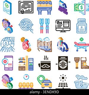 Verschiedene Symbole, die Konzepte wie Wirtschaft, Finanzen, Bildung, Transport, Gesundheit, Natur, Energie und digitale Technologie Stock Vektor