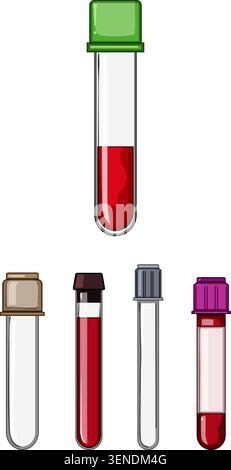 Gruppe von medizinischen Röhrchen mit verschiedenen farbigen Kappen, einige enthalten Blutproben, die verschiedene klinische diagnostische Verfahren und Gesundheitswesen darstellen Stock Vektor