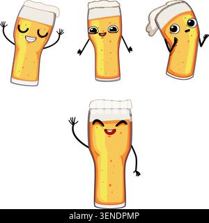 Vier Biergläser mit ausdrucksstarken Gesichtern und Armen, die ein fröhliches und verspieltes Charakterset schaffen, perfekt für Konzepte, die Getränke feiern, PA Stock Vektor