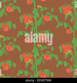 Nahtloses Tomatenmuster mit frischen roten Tomaten und grünen Blättern, ideal für Stoffe, Verpackungen, Küchentextilien, Schreibwaren und Sommerküche. Stockfoto