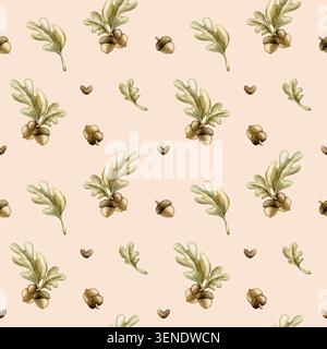 Niedliche Eicheln mit Eichenblättern und nahtlosem Herzmuster. Aquarell Hand gezeichnete Herbst Blumen Illustration auf beigefarbenem Hintergrund für Herbst Wald Design gemütlich Stockfoto
