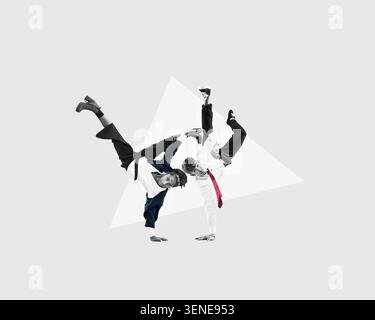 Flaches Design. Eine Gruppe multikultureller junger Geschäftsleute macht im Freien Breakdance in Business-Outfits. Stockfoto
