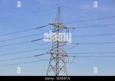 Stromübertragungspylon mit Stromleitungen Stockfoto