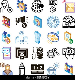 Vielfältige Sammlung von Isometrien und Liniensymbolen, die Konzepte wie Gesundheit, Finanzen, Sport, Datenschutz, Technologie, und globale Vernetzung Stock Vektor