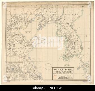Die gravierte Karte von Robert Alexis de Villard aus dem Jahr 1894 zeigt Nordchina, Korea und einen Teil Japans und zeichnet die wichtigsten Städte, Routen und Flüsse von Shanghai nach Moukden und Fusan mit zweisprachigen Ortsnamen nach. Stockfoto