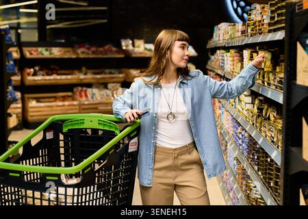 Die junge schöne Frau durchsucht die Regale in den Supermärkten und wählt sorgfältig Artikel für ihren Wagen aus. Stockfoto