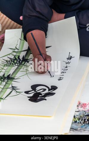 Ein vietnamesischer Schriftsteller/Künstler, der traditionelle Kalligraphie verwendet, indem er einen spitzen Stift verwendet, der mit schwarzer indischer Tinte beschichtet ist und verschiedene Strichbreiten durchzieht Stockfoto