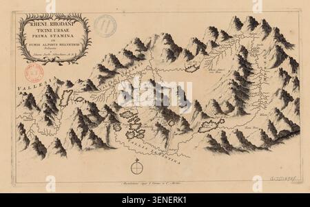 Diese gravierte Karte von Johann Jacob Scheuchzer zeichnet die Frühverläufe und Quellen von Rhein, Rhône, Tessin und Ursa in der Schweiz nach. Die Arbeit konzentriert sich auf die Entstehung von Flüssen innerhalb des Kantons URI und der umliegenden Alpenregionen. Stockfoto