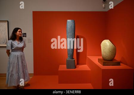 Zum ersten Mal vereint Barbara Hepworths radikal gemalte Skulpturen aus den 1940er Jahren. Zum ersten Mal seit der Übernahme für die Nation im vergangenen Jahr nach einem großen Spendenaufruf von 3,8 Millionen Pfund zu sehen . Sculpture with Colour (Oval Form ) , Pale Blue and Red (1943) eine bahnbrechende Skulptur in Hepworths Karriere und als Meisterwerk der britischen abstrakten Moderne anerkannt . Stockfoto