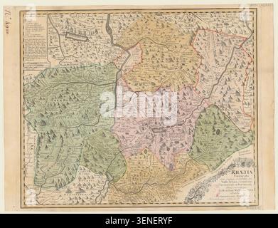 Gabriel Walser erstellt eine gravierte Karte von Rhätischen und benachbarten Gebieten aus dem Jahr 1768. Die Karte umfasst Graubünden, das Tessin und Wappen, wobei regionale Geographie und politische Spaltungen in der Schweiz erfasst werden. Stockfoto