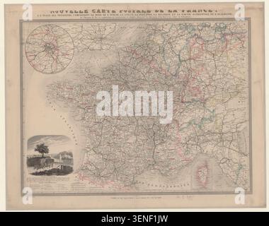 Auguste Logerot schuf 1861 eine Karte für Reisende, die Frankreich, Norditalien, die Schweiz, die Niederlande, Belgien und Westdeutschland abdecken und die Bahnstrecken und Entfernungen zwischen den Orten in Kilometern angibt. Stockfoto