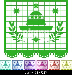 Dieses volkstümliche Design zeigt ein leuchtendes grünes Papelpicado und zeigt einen klassischen Sombrero und dekorative Olivenzweige, perfekt für meine Feier Stock Vektor