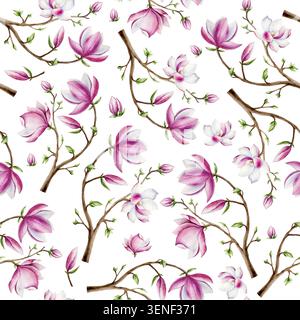 Magnolienzweig mit rosa Blüten, nahtlosem Muster. Aquarell Hand gezeichnet Frühling üppige Blüte mit grünen Knospen auf einer Baum Illustration isoliert auf Stockfoto