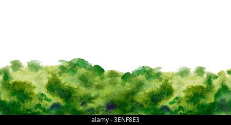 Nahtloser horizontaler Rand von üppig grünen Bäumen und Laub. Handgezeichnete Aquarellillustration. Dieses frische, saisonale botanische Schleifendesign im Sommer Stockfoto