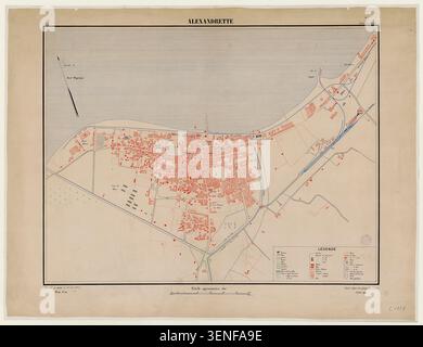 Der Manuskriptplan von Alexandrette aus dem Jahr 1921 wurde aus Luftaufnahmen des Bureau topographique de l’Armée Francaise du Levant erstellt und dokumentiert das städtische Layout und die geographischen Merkmale von Iskenderun in großem Maßstab. Stockfoto