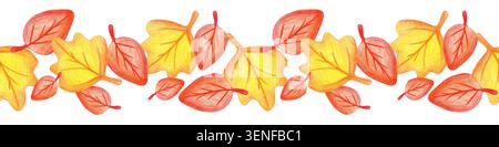 Nahtloser horizontaler Rand farbenfroher Herbstblätter auf einem isolierten Hintergrund. Handgezeichnete farbige Bleistiftabbildung. Dieses warme saisonale botanische Produkt Stockfoto