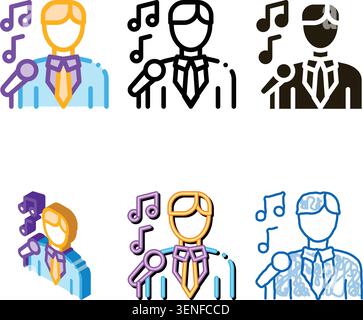 Bildet Mann im Anzug mit Mikrofon singendes Rezital Vektor-Symbol dünne Linie. Mikrofon Und Dynamik, Konzert Und Theater, Oper Und Karaoke Konzept Linear Stock Vektor