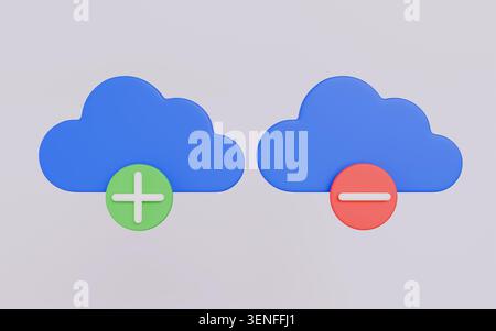 Cloud-Symbole mit Plus und Minus, Cloud-Speicher-Symbolsatz Stockfoto