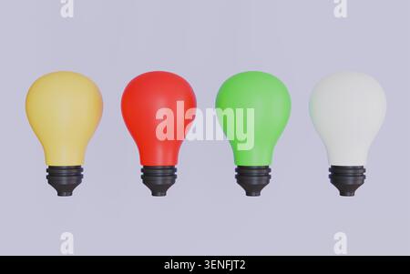 Glühlampensymbole Set, leuchtende bunte Lampe isoliert auf pastellfarbenem Hintergrund Konzept Stockfoto