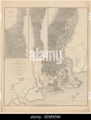 Die gravierte Karte von Archibald Campbell, die 1780 von William Faden graviert wurde, zeichnet die nördlichen Grenzen Georgiens von der Mündung des Savannah River bis nach Augusta nach und markiert die Grenzgeographie mit South Carolina. Stockfoto