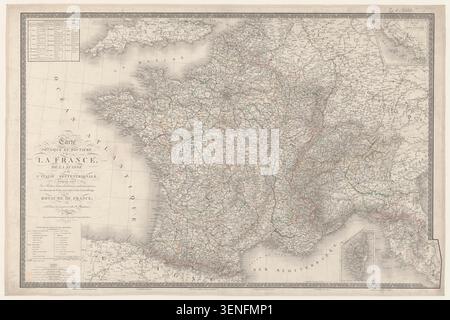 Adrien-Hubert Brué erstellt 1820 eine physische und Straßenkarte von Frankreich, der Schweiz und Norditalien, in der Postwege, Relaisstationen, Zwischenentfernungen, Postämter und Haltestellen aufgezeichnet werden. Stockfoto