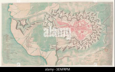 Manuskriptkarte aus dem Jahr 1748, die Berg-op-Zoom mit seinen Befestigungen und Stadtplanungen zeigt. Der Plan dokumentiert die Verteidigungswerke und die Stadtanordnung durch detaillierte Manuskriptkartografie, die sich auf die befestigte Siedlung konzentriert. Stockfoto